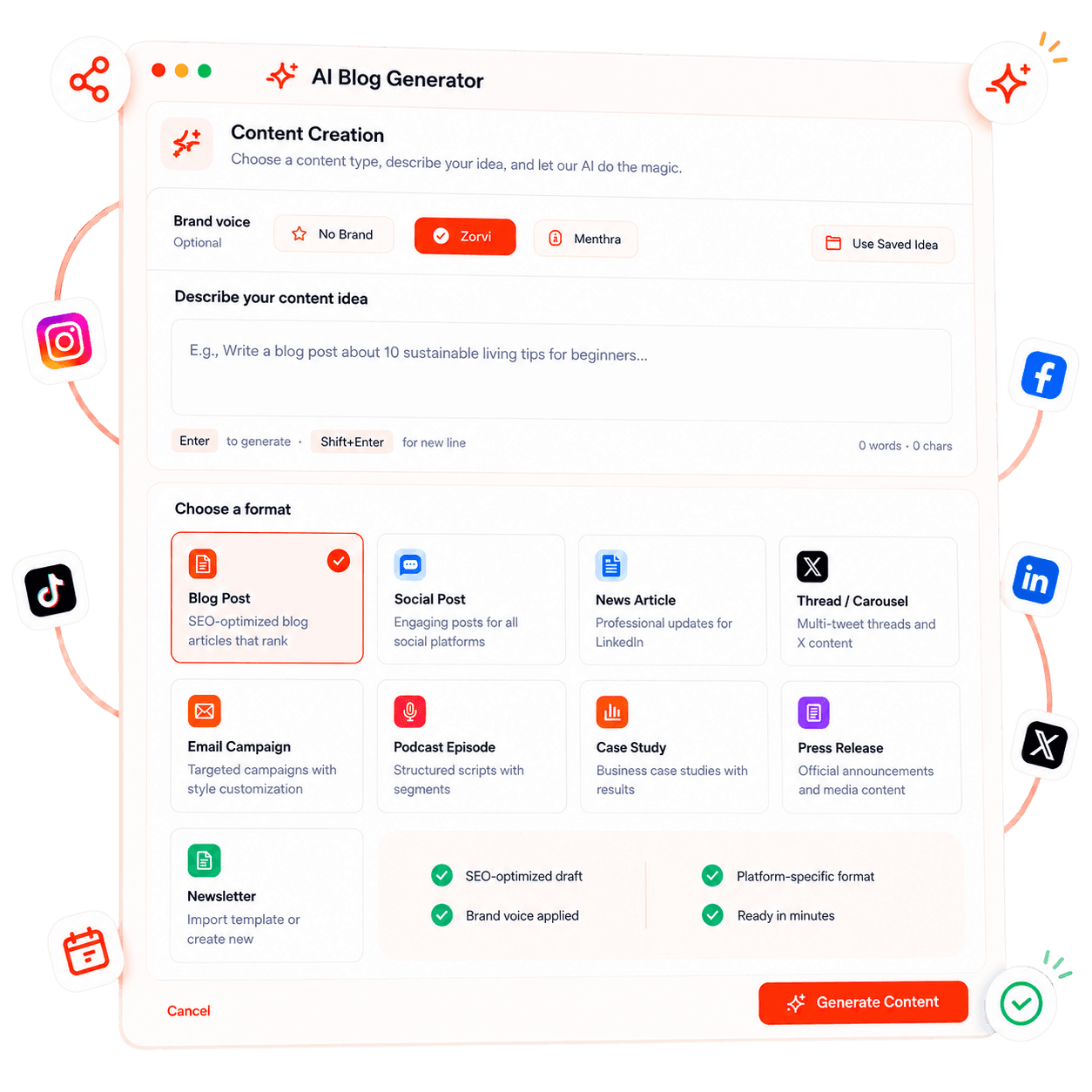 Zorvi's content creation screen with the Blog Post format selected
